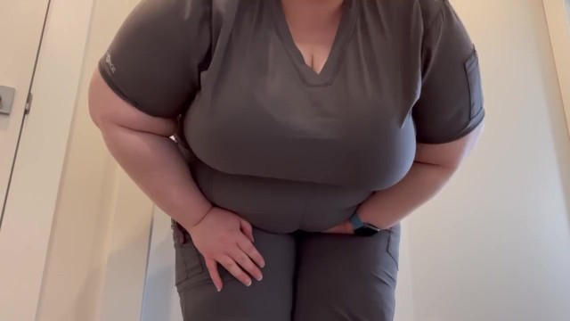 BBW can't hold pee at locked bathroom, desperately pees her scrubs